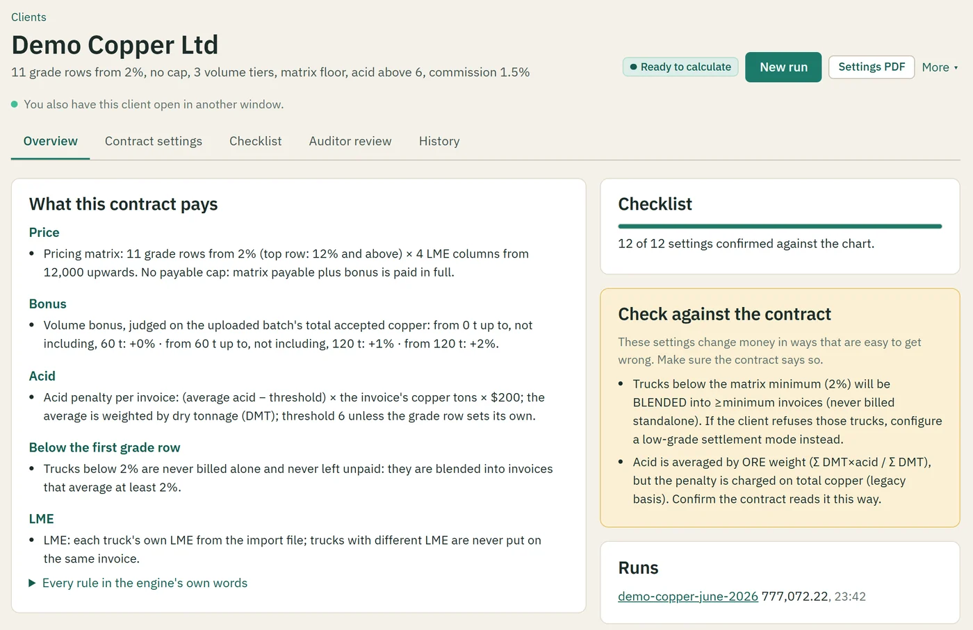 A client page in Cuvatrix: what the contract pays, the checklist with 12 of 12 settings confirmed, and the settings to check against the contract.